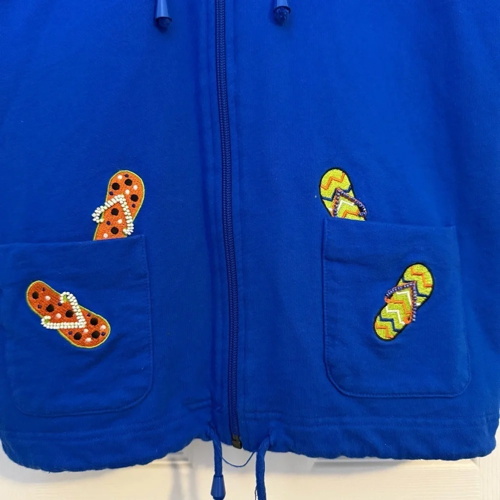 Mandal Bay Full Zip Sleeveless Vest Blue Embroidered Hooded Vest 100% Cotton SP - Picture 2 of 7